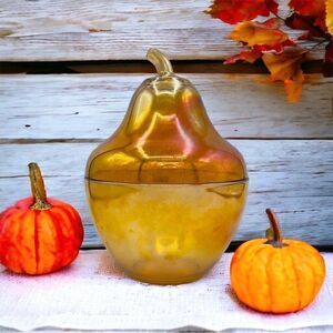 Jeanette Marigold Iridescent Carnival Glass Pear Shape Candy Bowl Dish 2 Piece